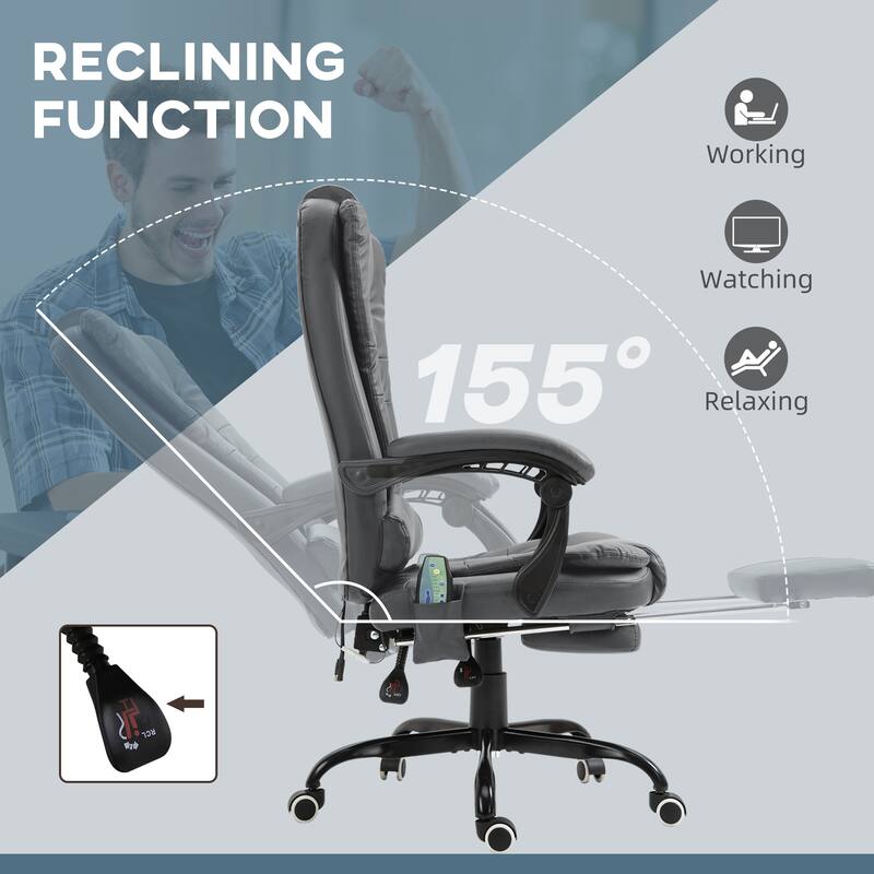 7-point Vibration Massage Backrest Office Chair, Shiny Leather Swivel Computer Chair, Recliner with Telescopic Footrest