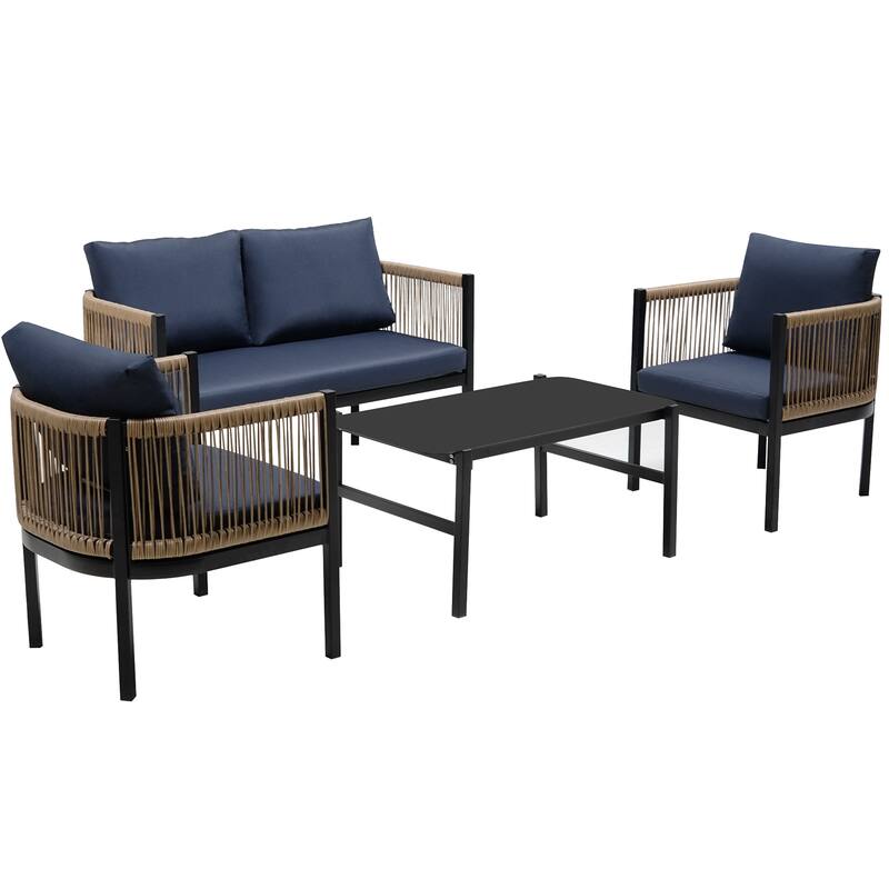 4-Piece Outdoor Patio Iron Conversation Sofa Set with Tempered Glass Coffee Table