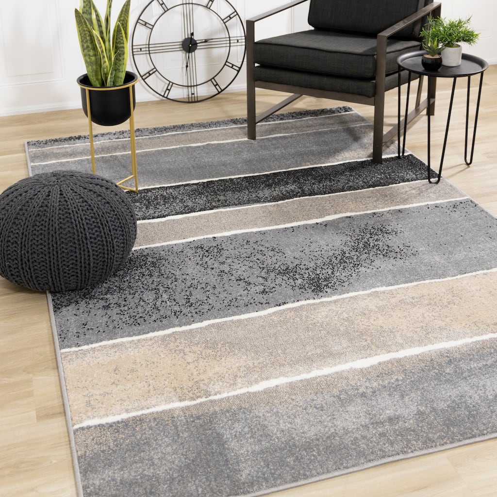 Covington Collection - Grey/Cream/Black Banded Rug