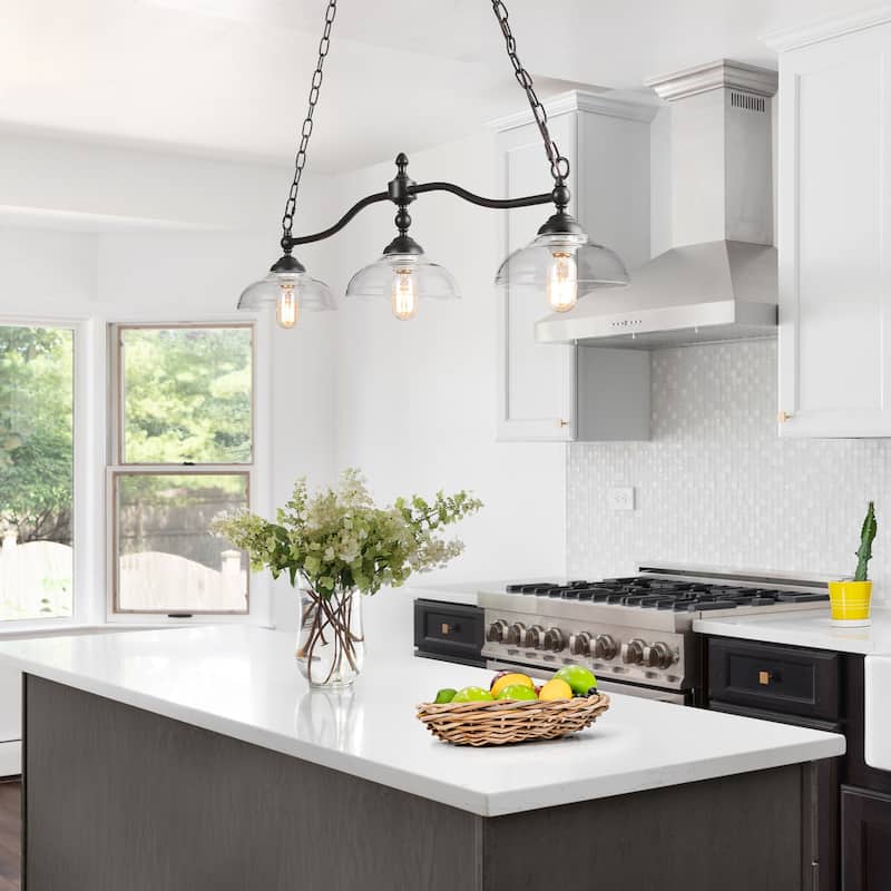 Modern Farmhouse 3-Light Linear Black Chandelier Glass Kitchen Island Lights for Dining Room - W38"x W7.9" x H8.3"