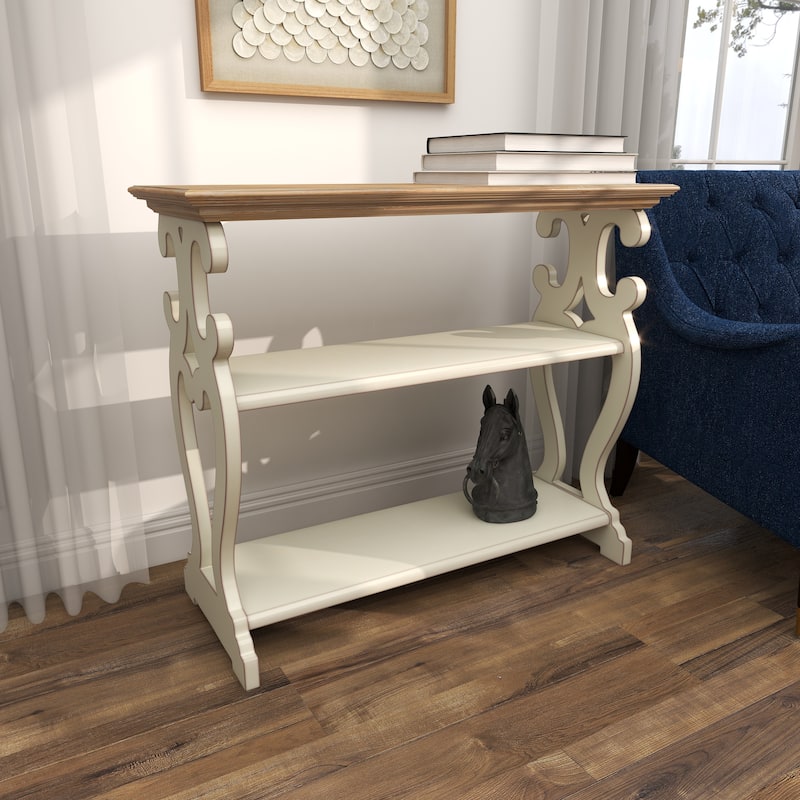 White Wood Scroll Side Frames 2 Shelf Console Table with Brown Wood Top - White or Black