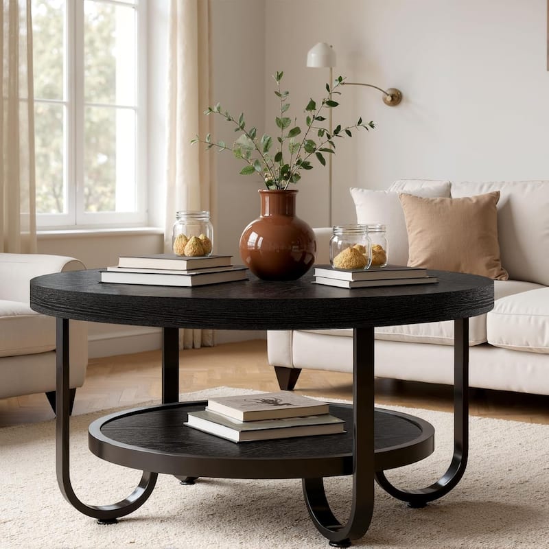 2-Tier Industrial Center Table for Living Room, 31.1 Inches Brown MDF Round Coffee Table