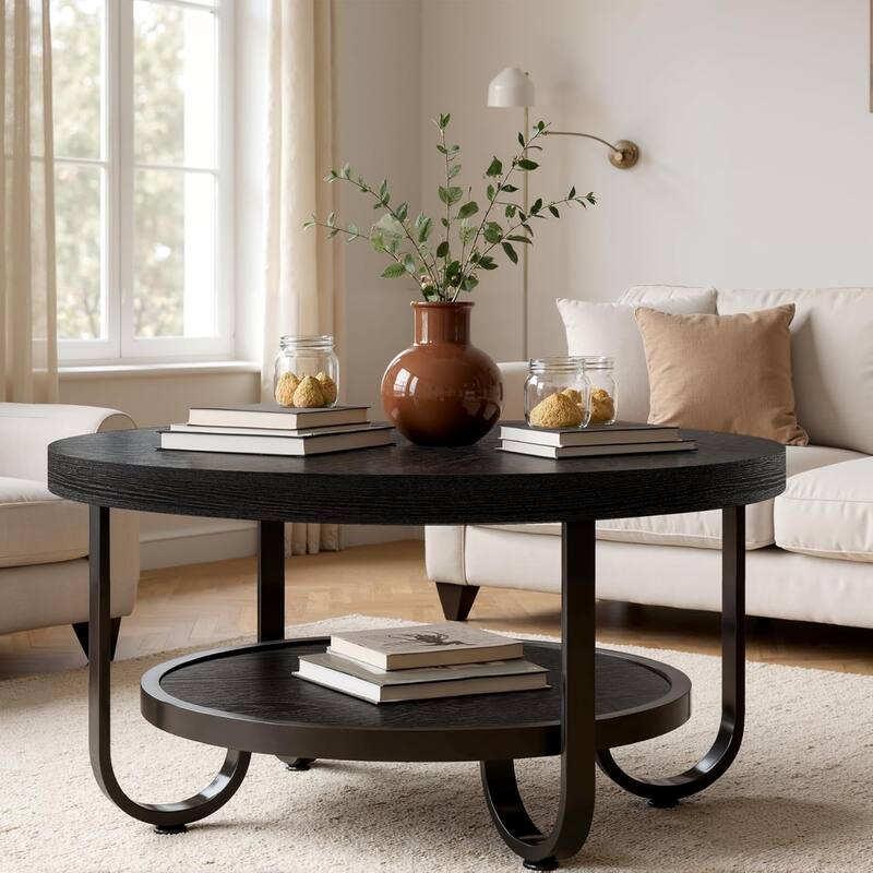31.1" Brown MDF Industrial Coffee Table, 2-Tier Round Cocktail Tea Table with Metal Legs for Living Room, Receptionist Room