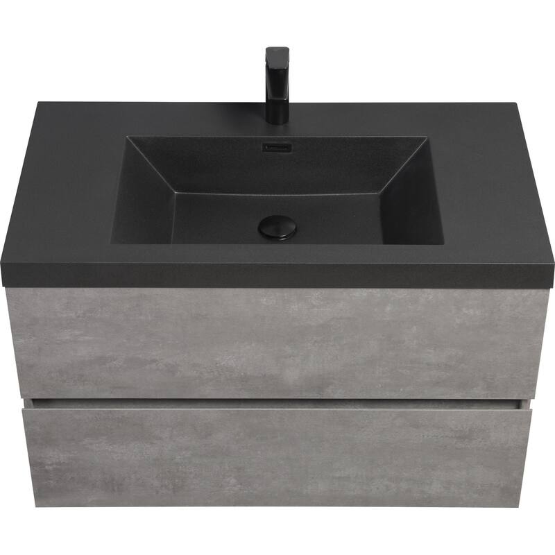 24/30/36/48/60 inch Melamine Floating Bathroom Vanity with Sink and Black Quartz Sand Top Basin and Soft Close Drawers