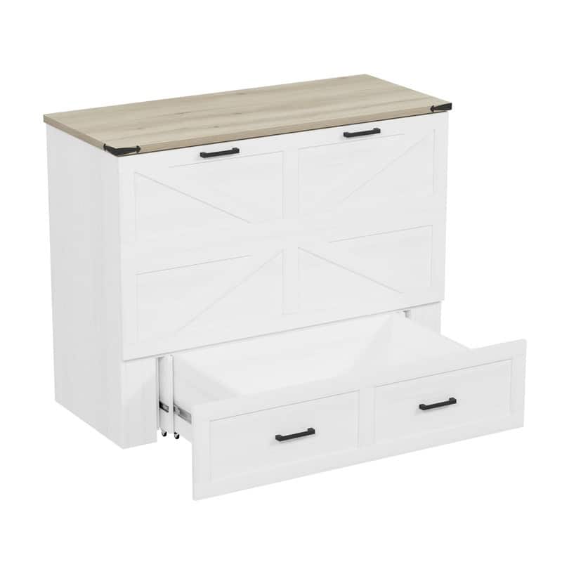 Farmhouse Murphy Bed Wall Bed with a Large Drawer, Full/Queen Size Foldable Murphy Cabinet Bed with Charging Station