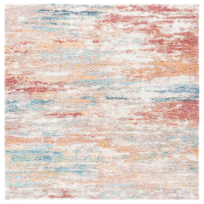 SAFAVIEH Calista Shag Maiu Abstract 1-inch Thick Rug - 3' Square - Beige/Aqua