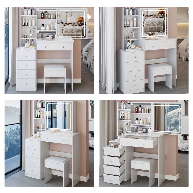 37" Mid-Size Left Bedside Vanity Set with LED Mirror and Stool