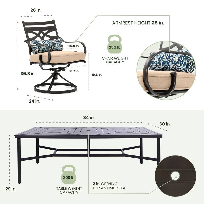 Hanover Montclair 11-Piece Dining Set in Tan with 10 Swivel Rockers and a 60-In. x 84-In. Table