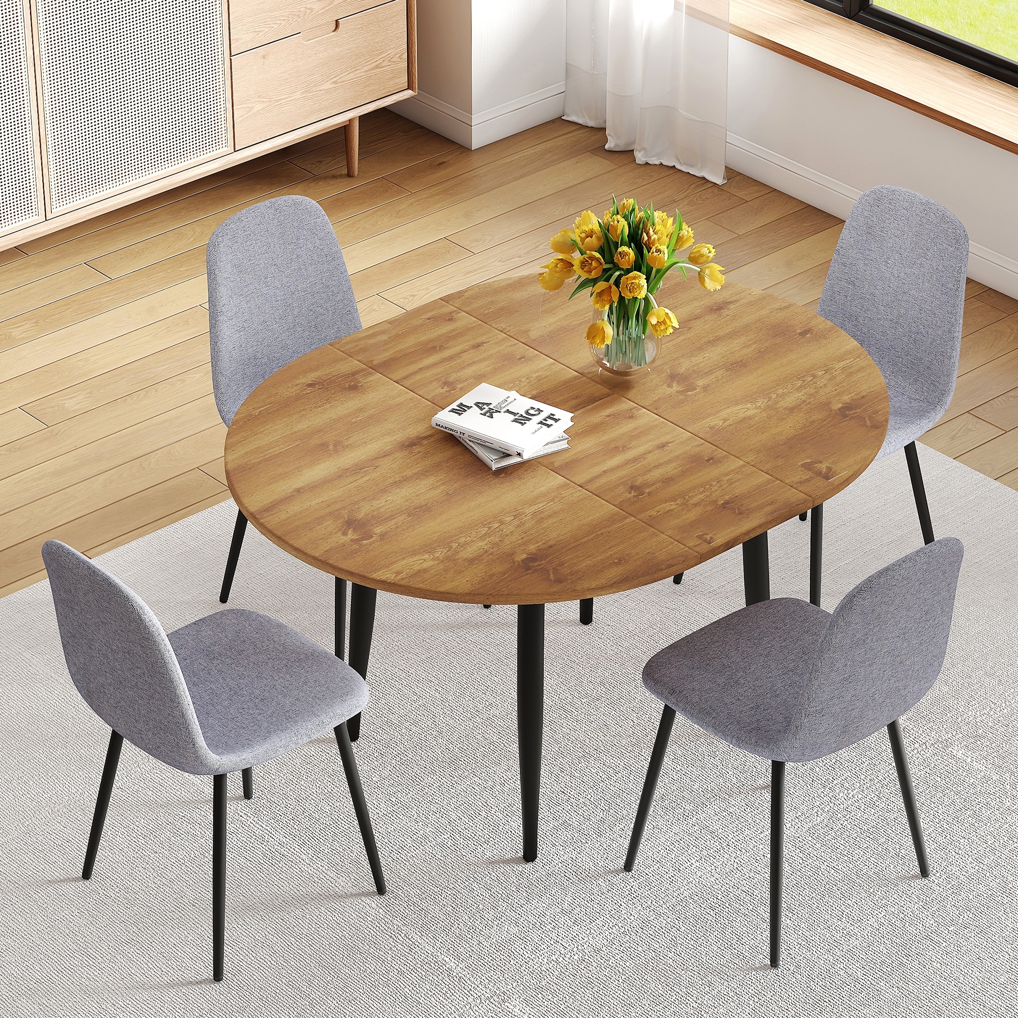 5 Piece 42-52" Extendable Round Dining Table Set with 4 Linen Chairs, Adjustable Home/Office Table Set for Small Spaces, Seats 4