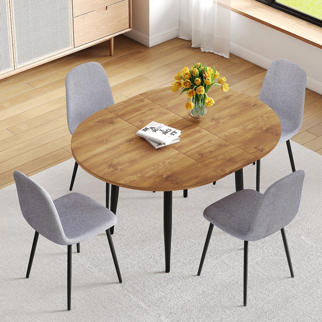 5 Piece 42-52" Extendable Round Dining Table Set with 4 Linen Chairs, Adjustable Home/Office Table Set for Small Spaces, Seats 4