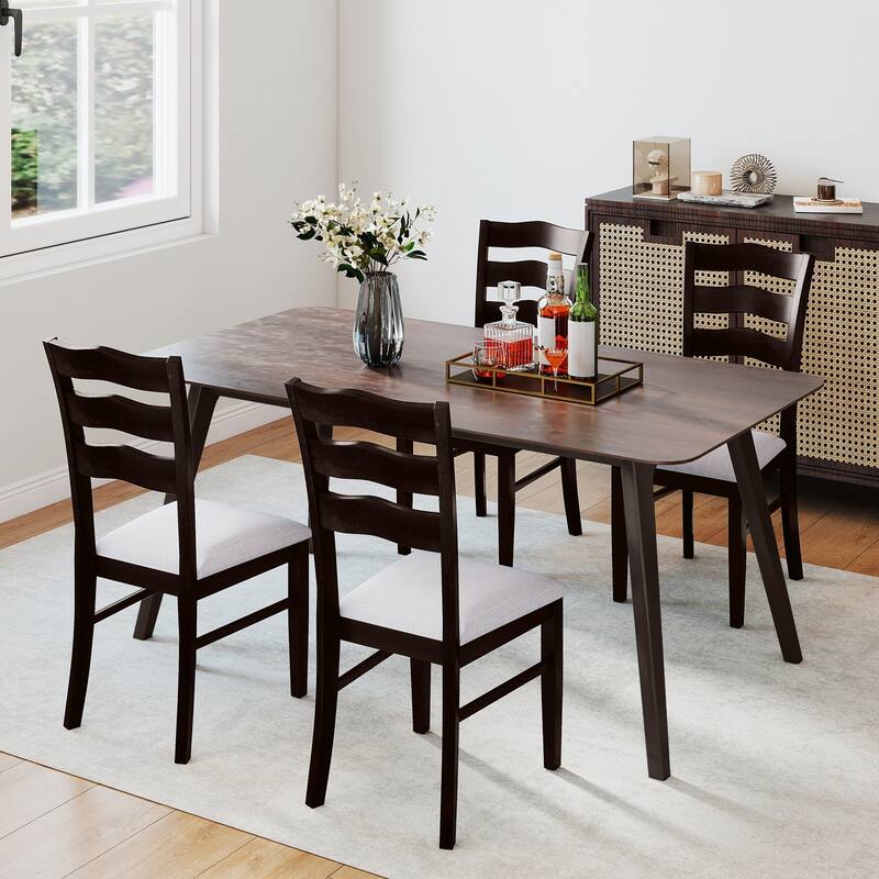 Gymax Dining Chairs Set of 4 Fabric Rubber Wood Legs Padded Seat Wavy
