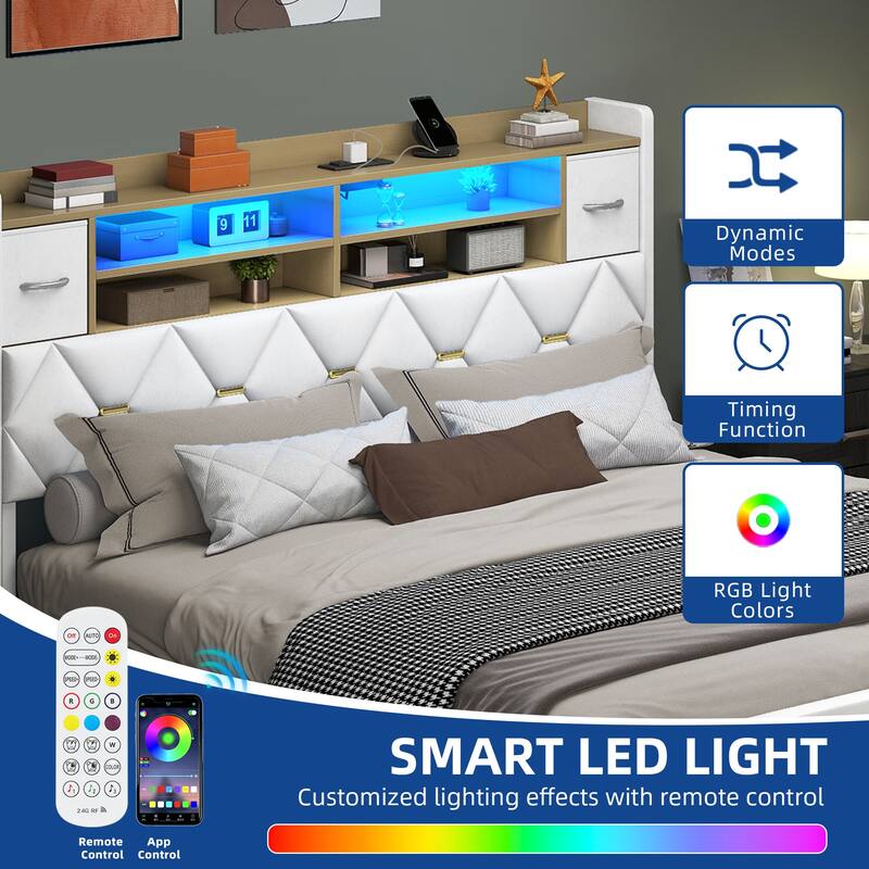 Moasis Upholstered Bed Frame with Storage Headboard And Charging Station and LED Light