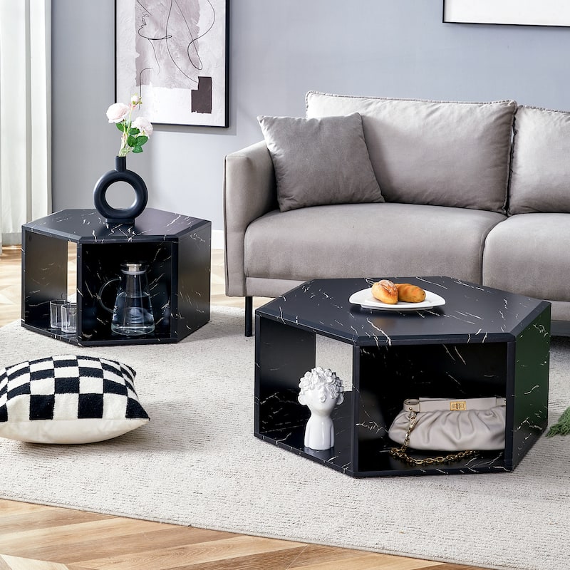 Roomfitters Set of 2 Hexagonal MDF Coffee Tables with Black Pattern Finish, Modern Storage Design for Living Room