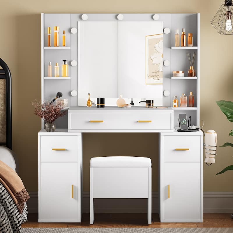 Moasis Makeup Vanity Desk with Lighted Mirror and Upholstered Stool