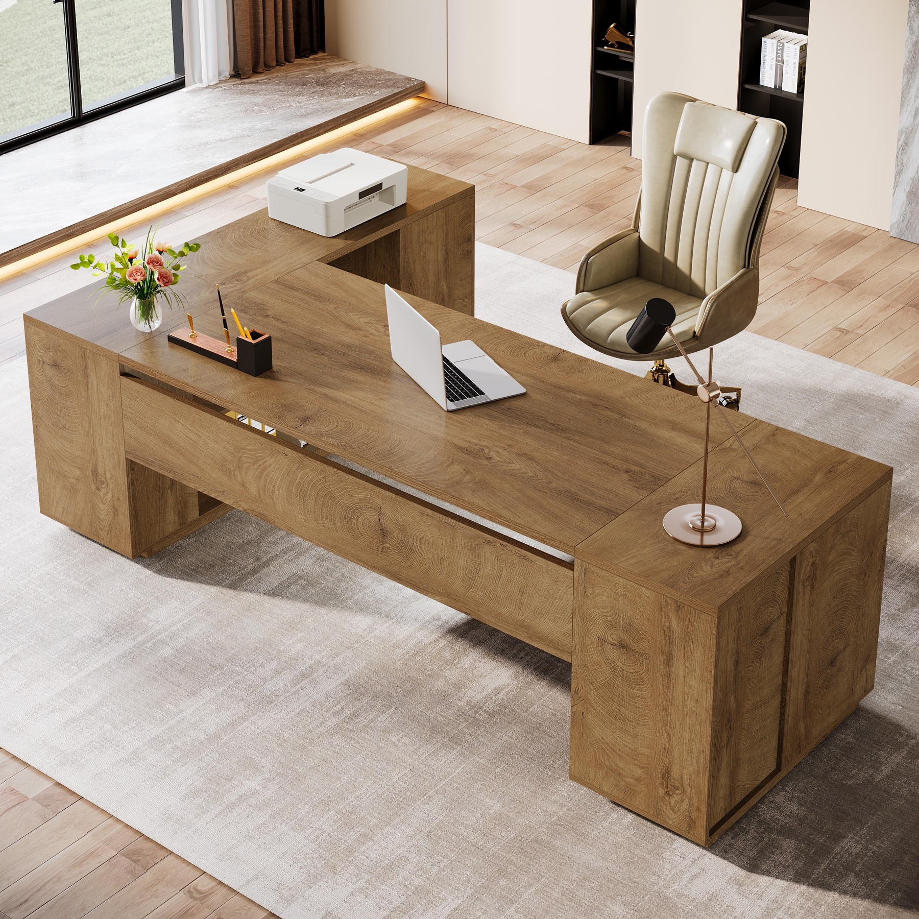 86'' L-Shaped Corner Executive Desk with File Drawers for Home Office