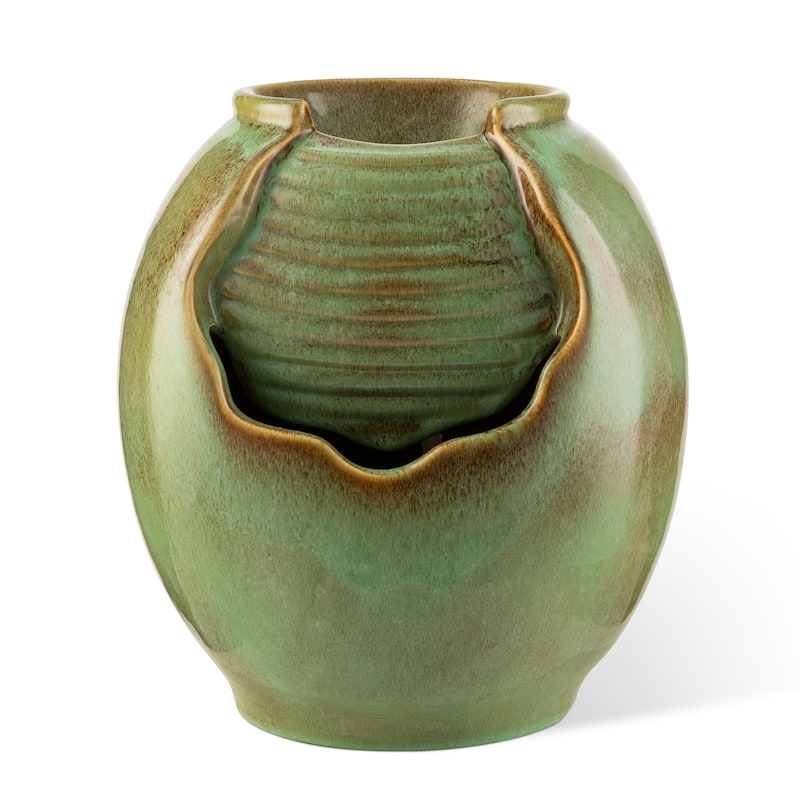 Glitzhome 9"H Leaf Textured Ceramic Jar Indoor Tabletop Water Fountain with LED Lights