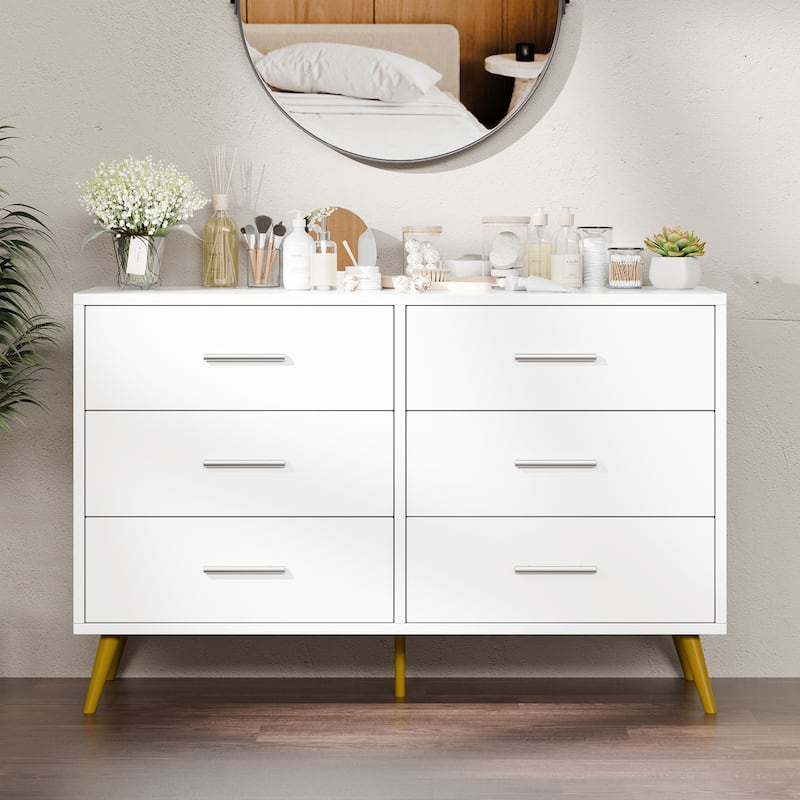 6-Drawer Dresser Storage– Modern Wide Top Storage Cabinet - White