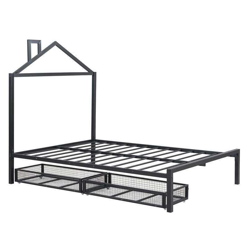 Full Size Metal Platform Bed with Two Drawers and House-Shaped Headboard
