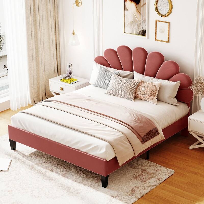 Queen Size Velvet Upholstered Platform Bed with Flower Pattern Headboard