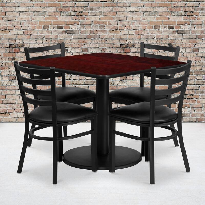 36'' Square Laminate Table Set with Round Base and 4 Ladder Back Metal Chairs