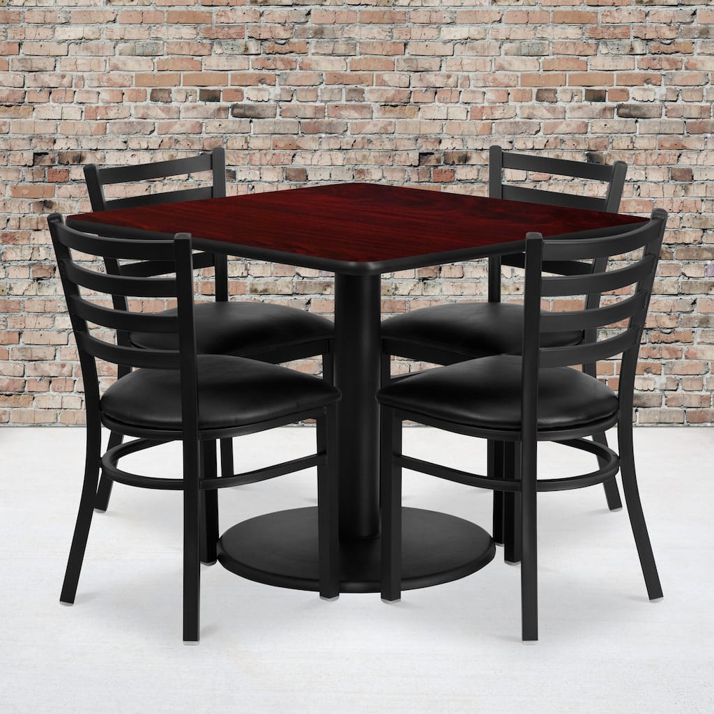 36'' Square Laminate Table Set with Round Base and 4 Ladder Back Metal Chairs