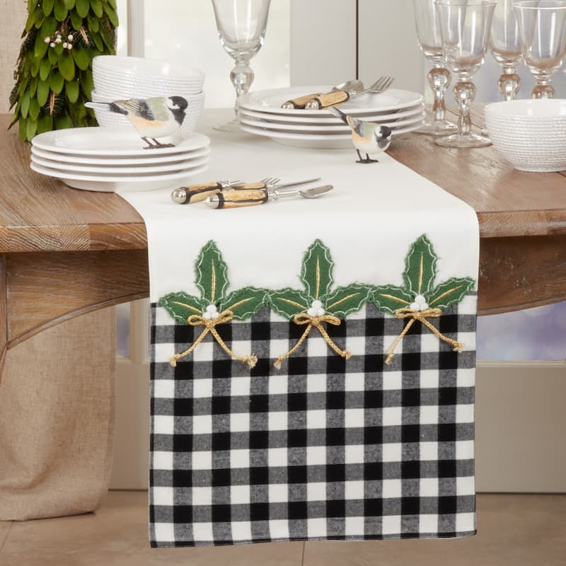 Christmas Table Runner With Buffalo Plaid Holly Design