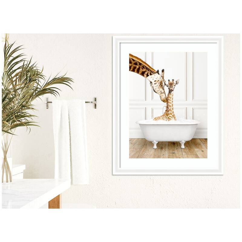 Kate and Laurel Mother and Baby Giraffe in Traditional Vintage Bathtub by Amy Peterson Framed Wall Art Print