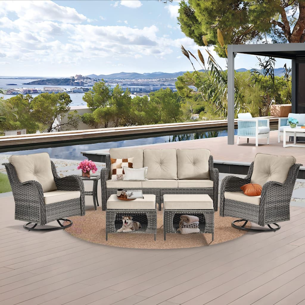 6 Piece Wicker Outdoor Patio Furniture Set Swivel Chairs Sofa Ottoman