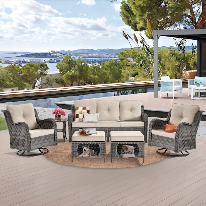 6 Piece Wicker Outdoor Patio Furniture Set Swivel Chairs Sofa Ottoman - Beige Cushion/Gray Wicker