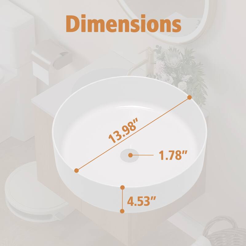 13.98" Modern Round Ceramic Vessel Sink – Countertop Bathroom Basin