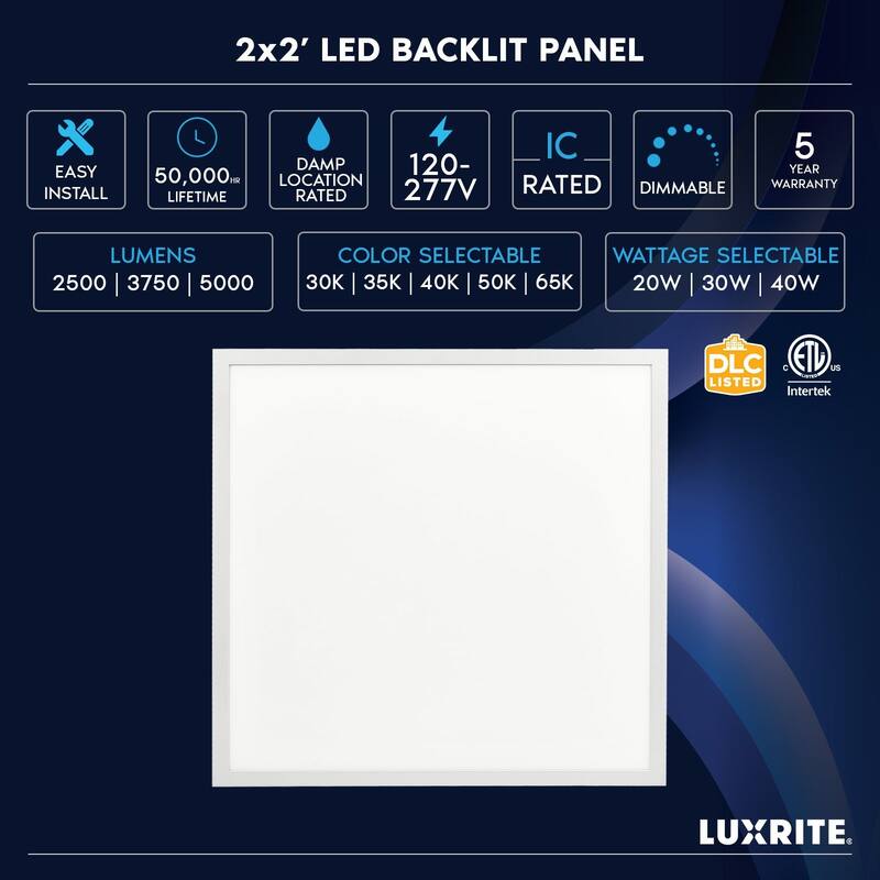 Luxrite 2x2 FT LED Panel Light, 5CCT 3000K - 6500K, 20W/30W/40W, 5000 Lumens, 0-10V Dimmable 2 Pack