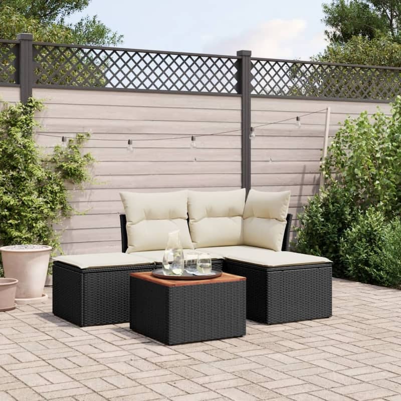 vidaXL Patio Sofa Set with Cushions Outdoor Furniture 5 Piece Poly Rattan - 21.7 x 21.7 x 14.6 - Black and cream