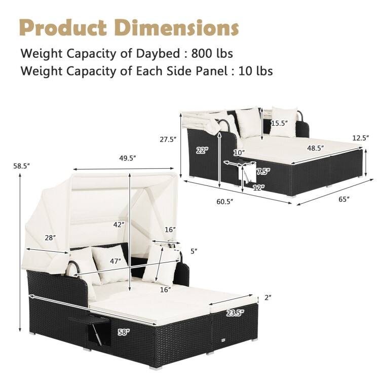 Outdoor Patio Daybed with Canopy and Foldable Side Trays - 65" x 60.5 x 58.5"