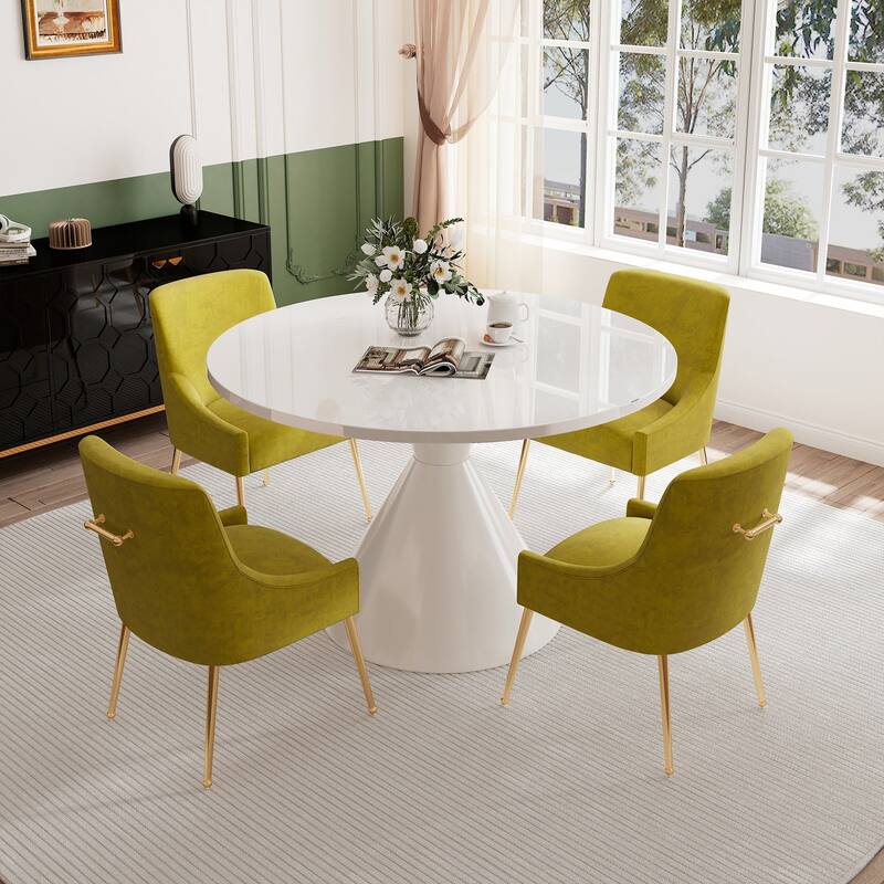 48" Light Luxury White High Gloss Large Countertop Dining Table with Velvet Dining Chair Set