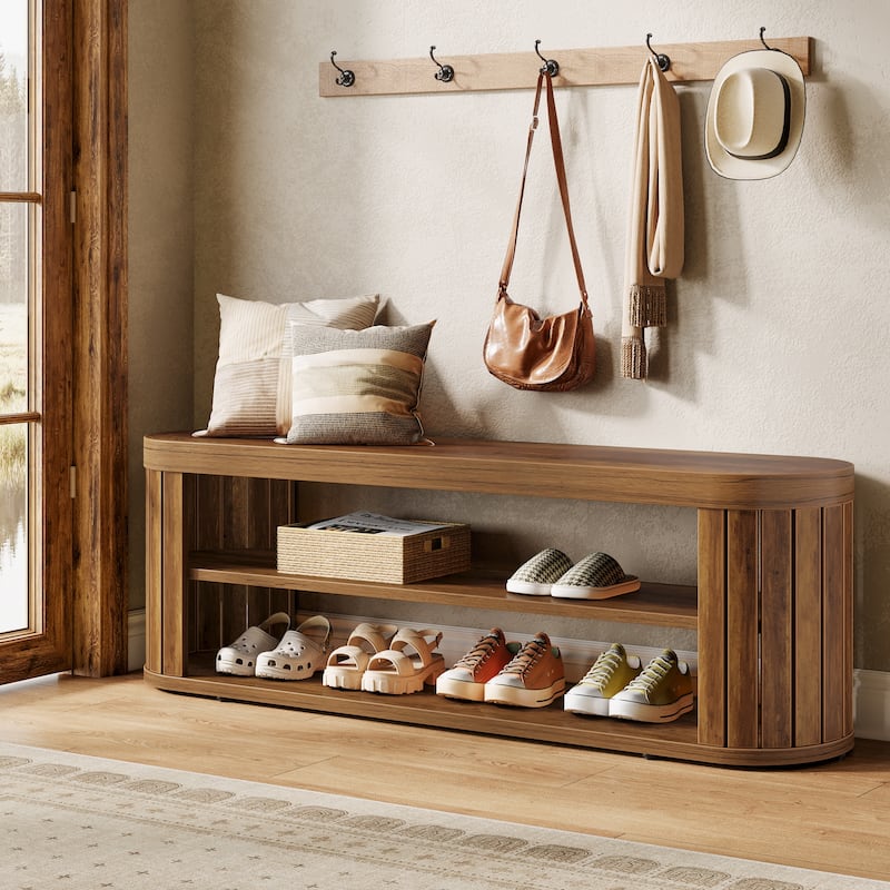 Wood Entryway Bench with Shoe Storage, Dining Bench, Bedroom Hallway Living/Dining Room End of Bed Stool - Brown