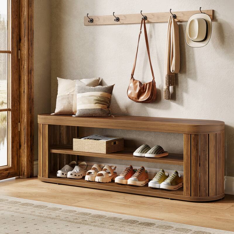 Wooden Entryway Dining Bench with Shoe Storage, Bedroom Hallway Living Room End of Bed Stool Accent Bench