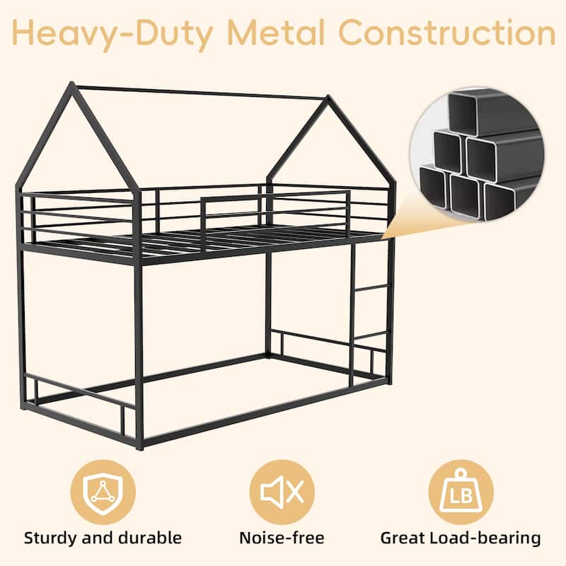 Metal Twin over Twin Bunk Bed Frame with House Roof Frame, Guardrail and Ladder, Lower Bunk Bed without Slats