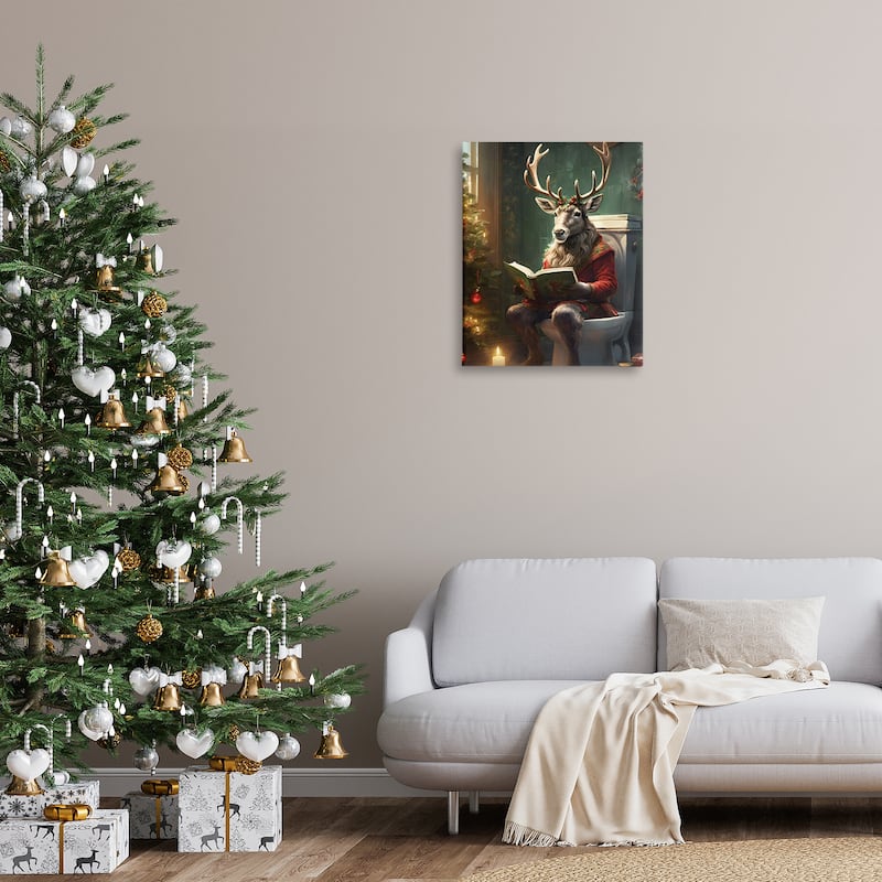 Stupell Reindeer in Festive Bathroom Canvas Wall Art Design By Jo Moulton