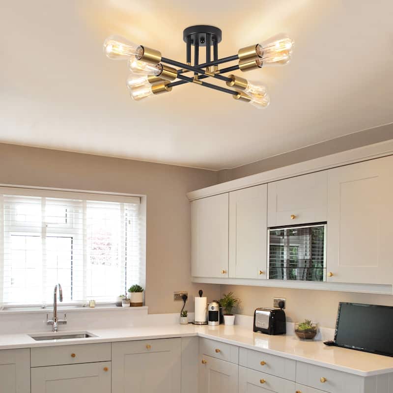 8-Light Industrial Semi Flush Mount Ceiling Light for Kitchen Dining Room Living Room - Black+Gold - N/A