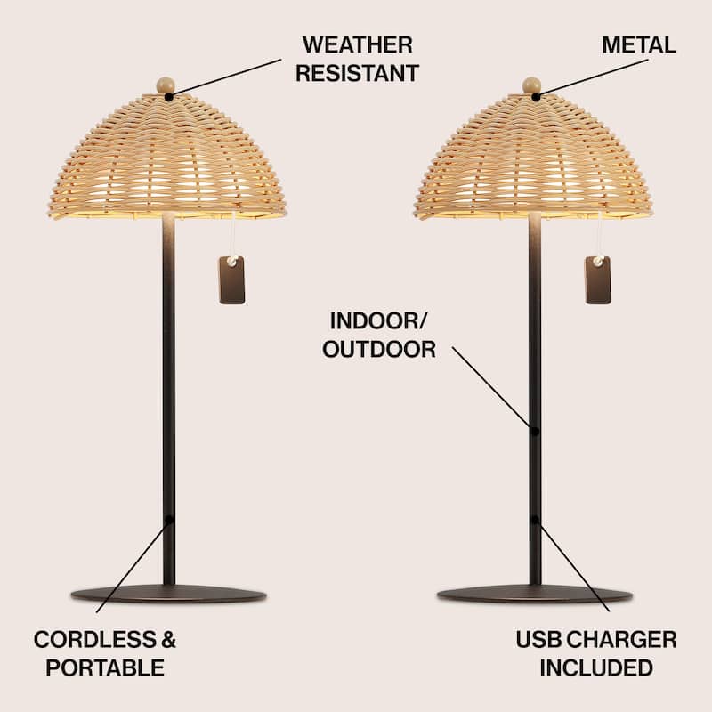 12.75" Coastal Cordless LED Table Lamp, Wicker Shade, Dimmable, Indoor/Outdoor (Set of 2) - 12.75