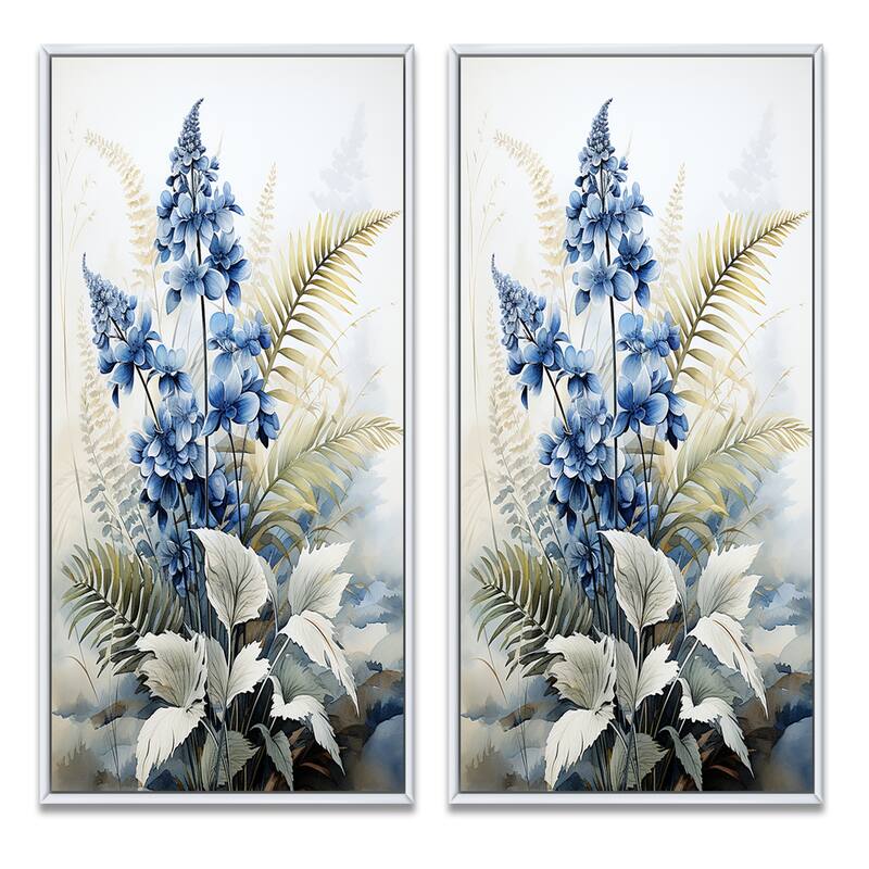 Designart "Ferns Sapphire Illumination" Ferns Framed Wall Art Set Of 2 - Blue Canvas Set For Living Room Decor