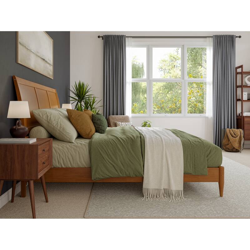 King Size Wood Platform Bed - Low Profile Sleigh Design with USB Ports - Modern Bedroom Furniture
