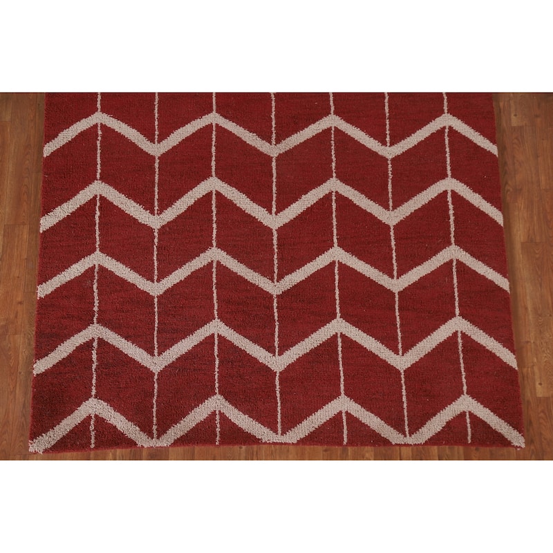 Hand Knotted Oriental 100% Wool Carpet Modern Chevron Red Gabbeh Area Rug - 7' 11'' X 5' 3''