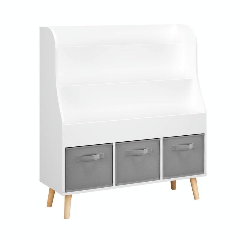 Kids Bookshelf with 3 Fabric Storage Bins - White Wooden Front-Facing Book Display Organizer with Pine Legs