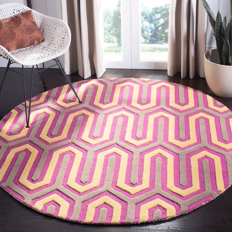 SAFAVIEH, Handmade Cambridge Faiza Modern Moroccan Wool Rug - 6' Round - Fuchsia/Grey