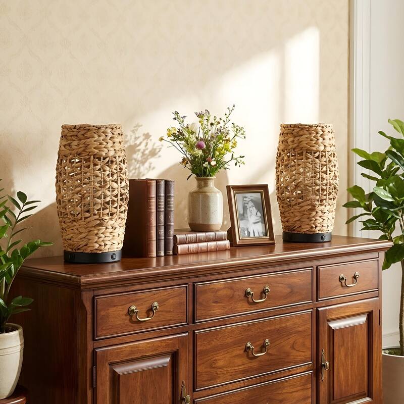 Acroma Rattan Decorative Table Lamp with Black Metal Base