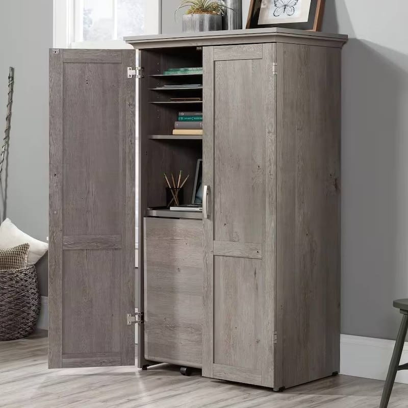 Space-Saving Craft Armoire with Drop Leaf Desk and Adjustable Storage Shelves Power Strip