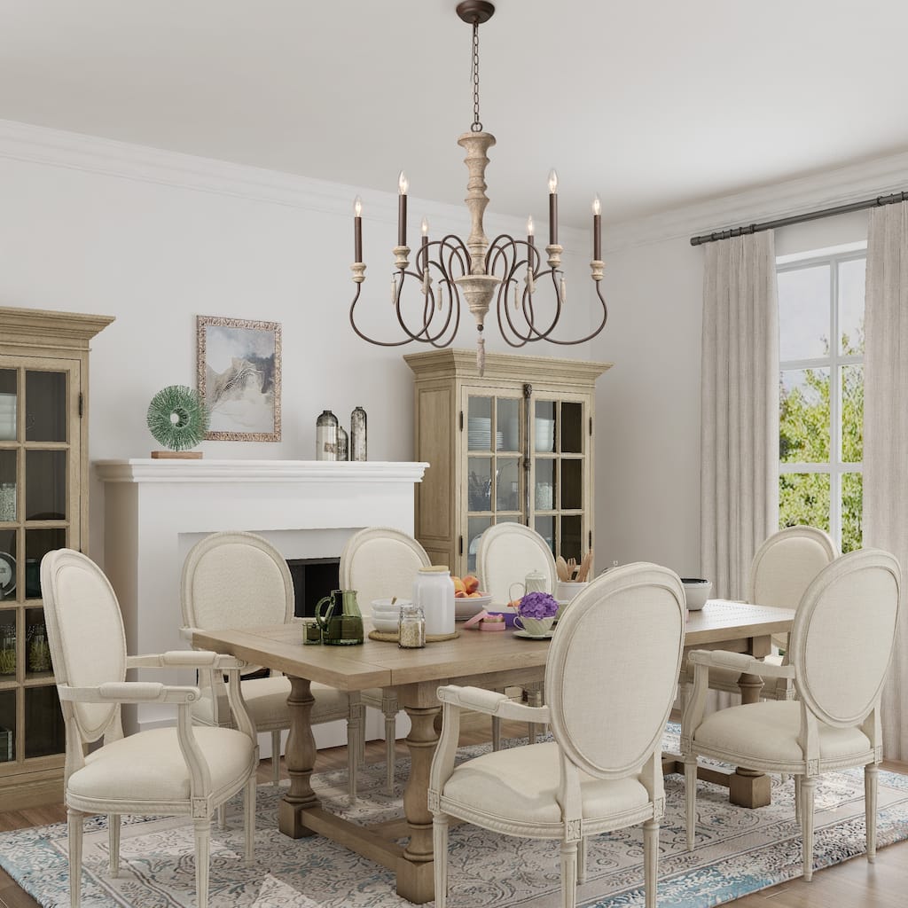 Farmhouse 6-Light Wood French Country Curved Arm Classic Chandelier - D31" x H32.5"