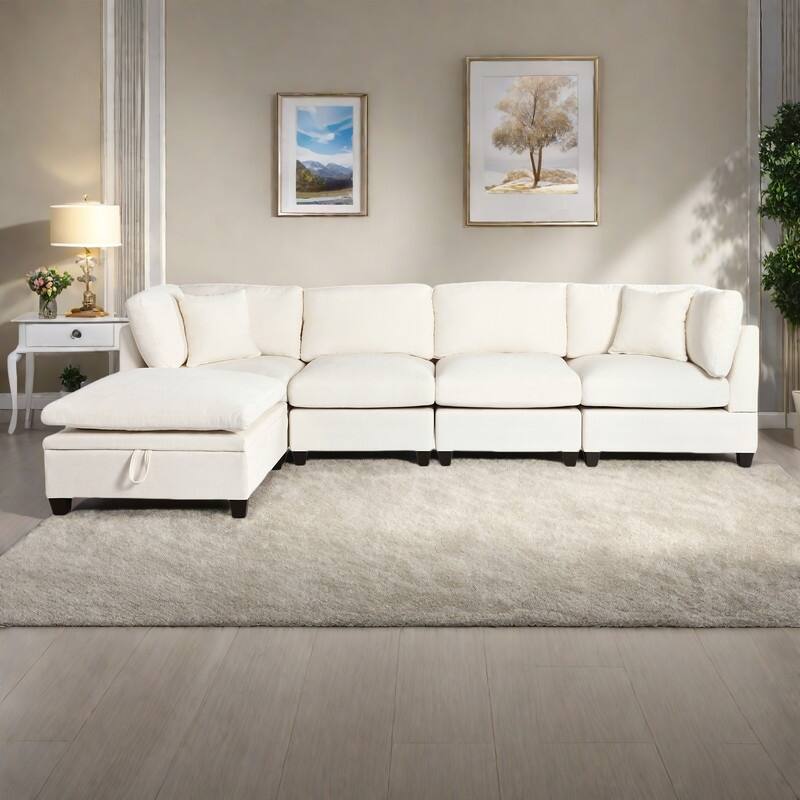 127.6" Polyester Modular Sectional 5-Seat L-Shaped Sofa with Storage Ottoman and Hidden Cup Holders - Beige