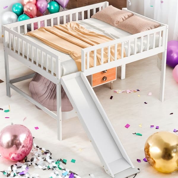 slide 2 of 9, Full Size Low Loft Bed With Ladder And Slide for Home White
